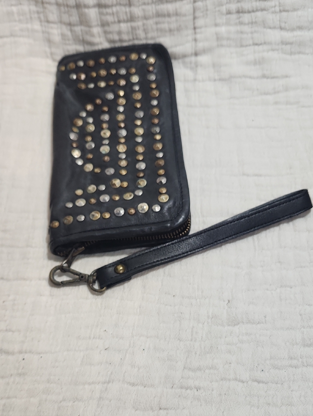 Black Studded Leather Wristlet Clutch
